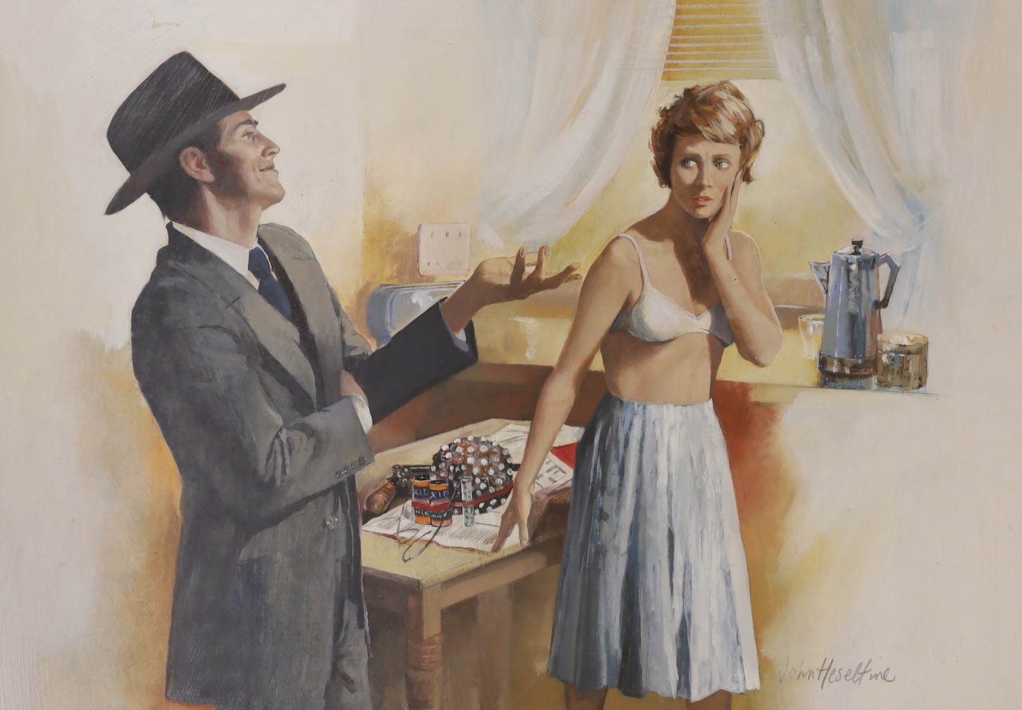 John Heseltine (1923-2016), gouache and watercolour, Illustration for a Crime Novel, signed in pencil, 38 x 54cm